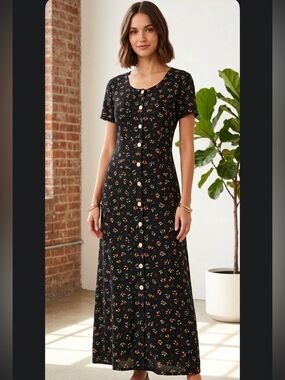 VTG Talbots Sara Campbell Maxi Dress S Vegetable Print Novelty 90s USA Cottage